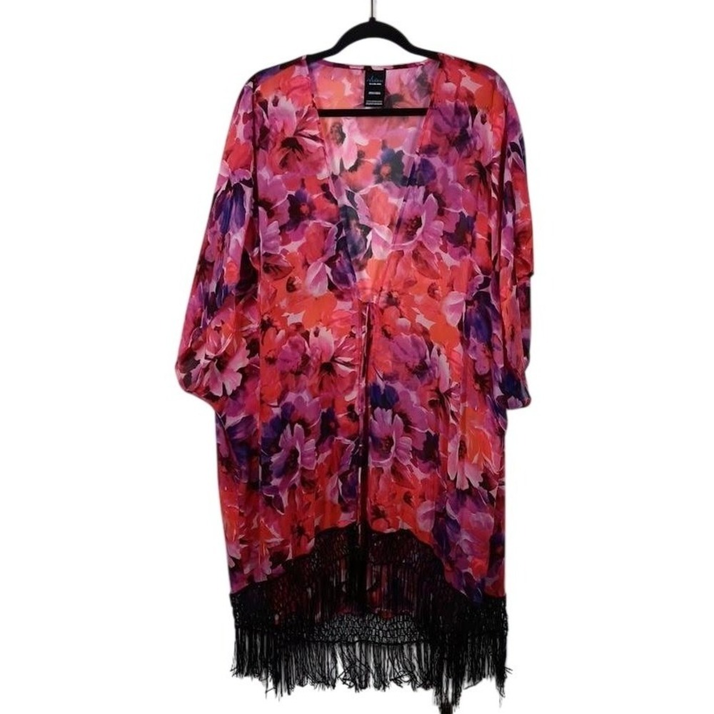 Catalina Cover Up Womens 2X Multicolor Floral Sheer Fringe Kimono Beach Swim